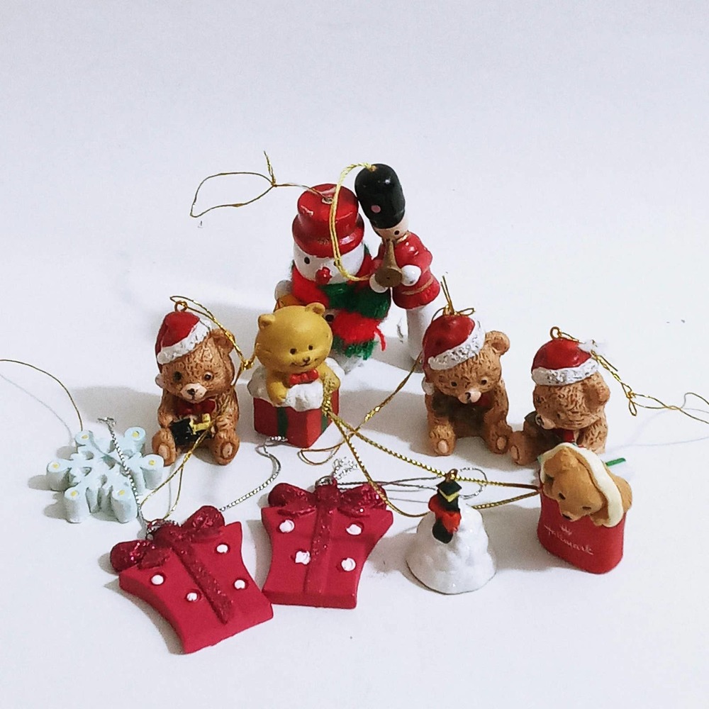 Vintage Christmas Miniature Tree Ornaments Set of 10 Santa Bears Snowman & (z)